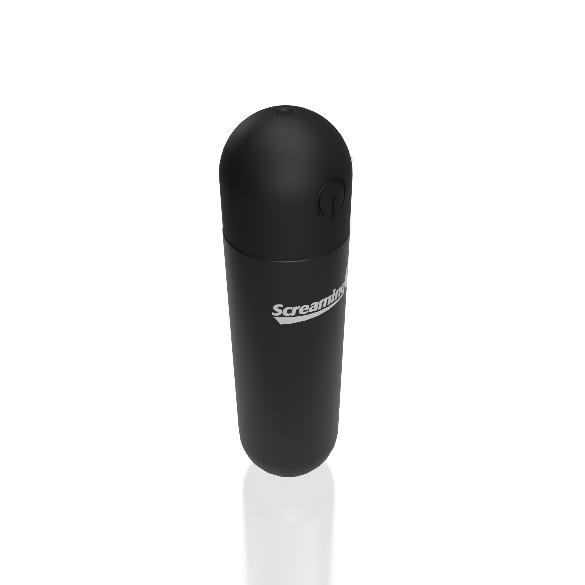 Black rechargeable bullet vibrator with power button and logo.