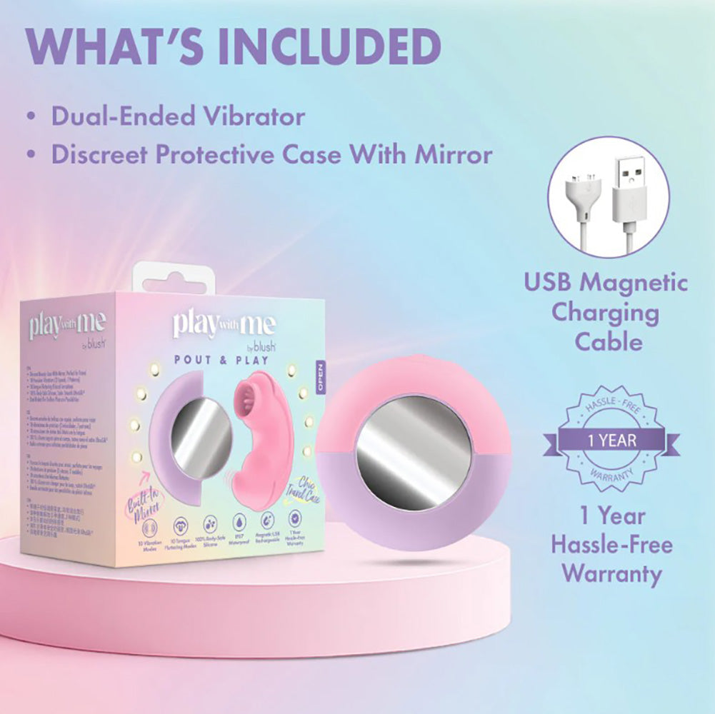 Dual-ended vibrator with a protective case and USB charging cable.