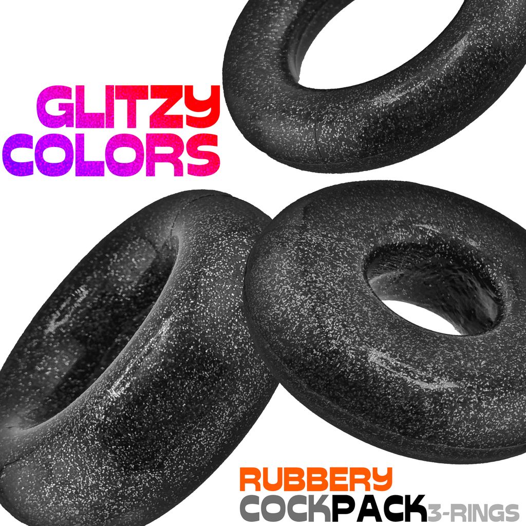 Three black textured cock rings with "Glitzy Colors" and "Rubbery Cockpack 3-Rings" text.