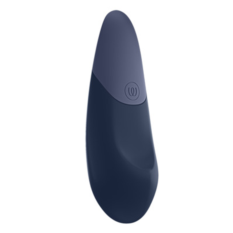 Dark blue clitoral vibrator with a rounded top and a subtle circular emblem.