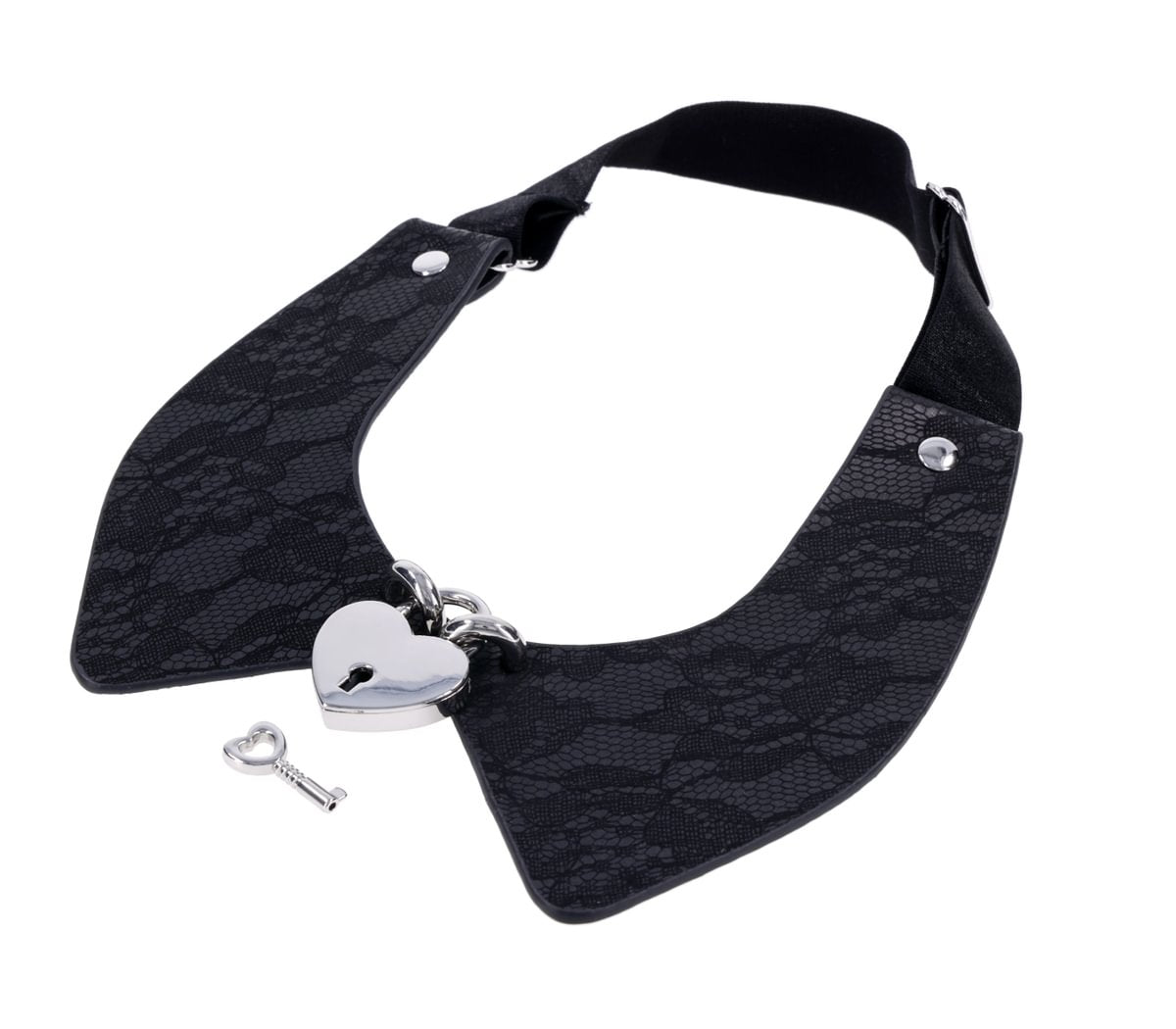 Black lace collar with a silver heart lock and key.