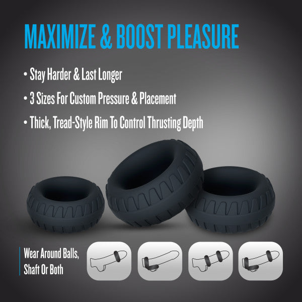 Three textured silicone cock rings of varying sizes.