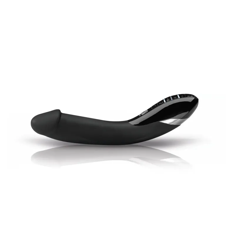 Black silicone e-stim vibrator with pelvic floor training features.