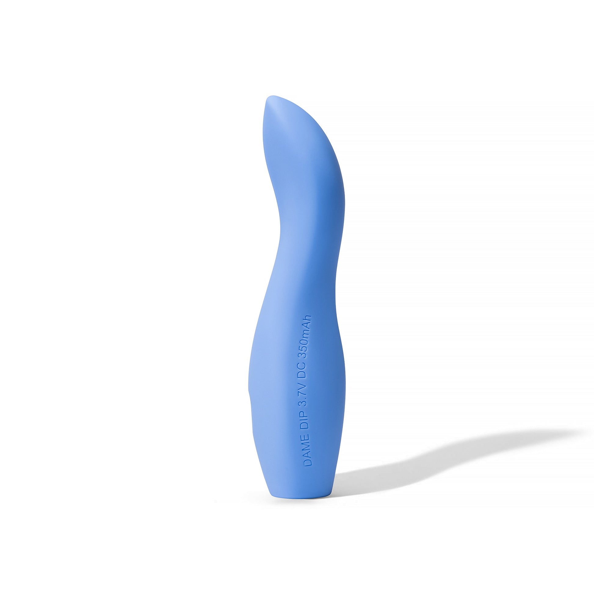 A periwinkle silicone vibrator with text indicating "DAME DIP 3.7V DC 350mAh".