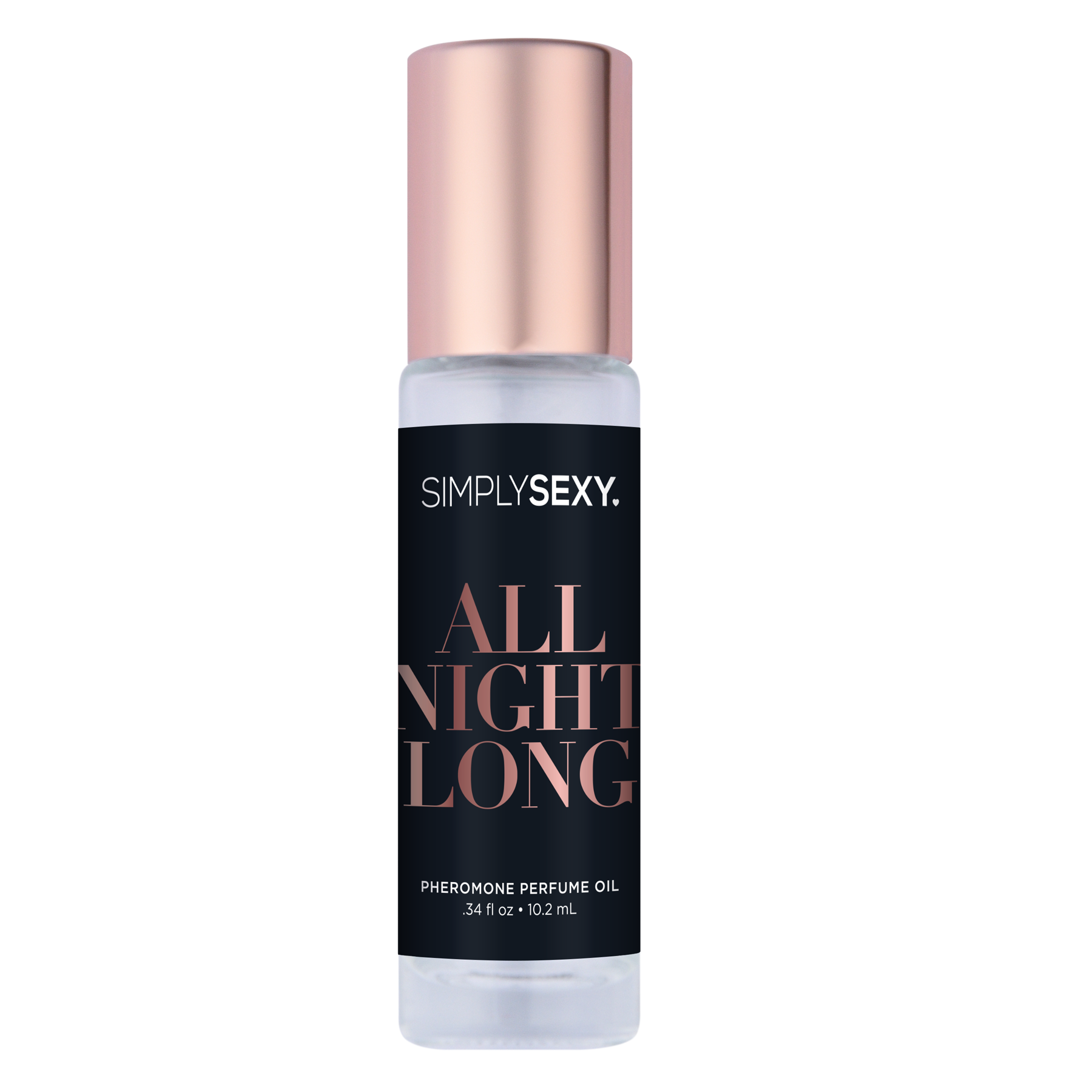Simply Sexy All Night Long Pheromone Perfume Oil roll-on with rose gold cap.