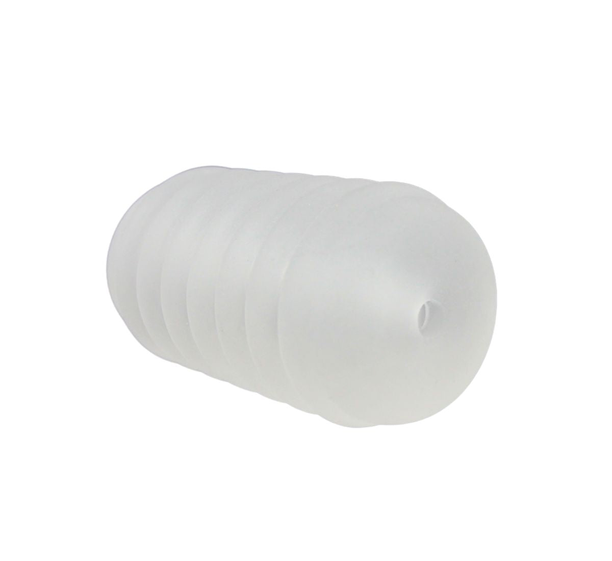 Frosted white ribbed masturbator with a tapered end and a small hole.