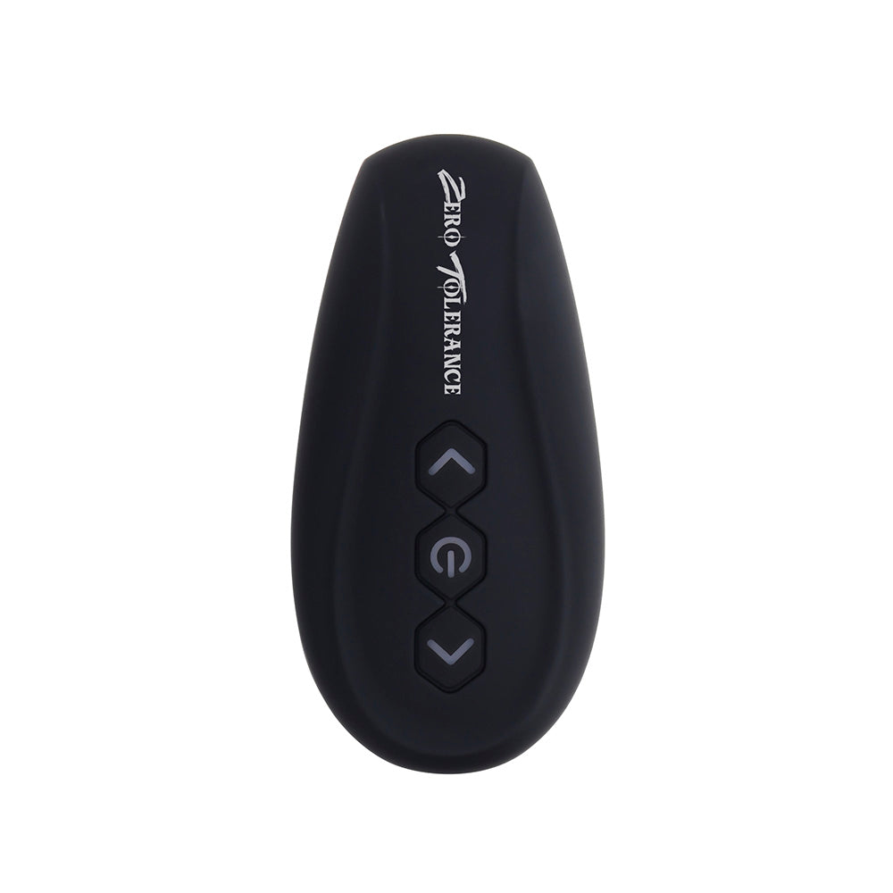 Black remote control with "Zero Tolerance" logo and three buttons.