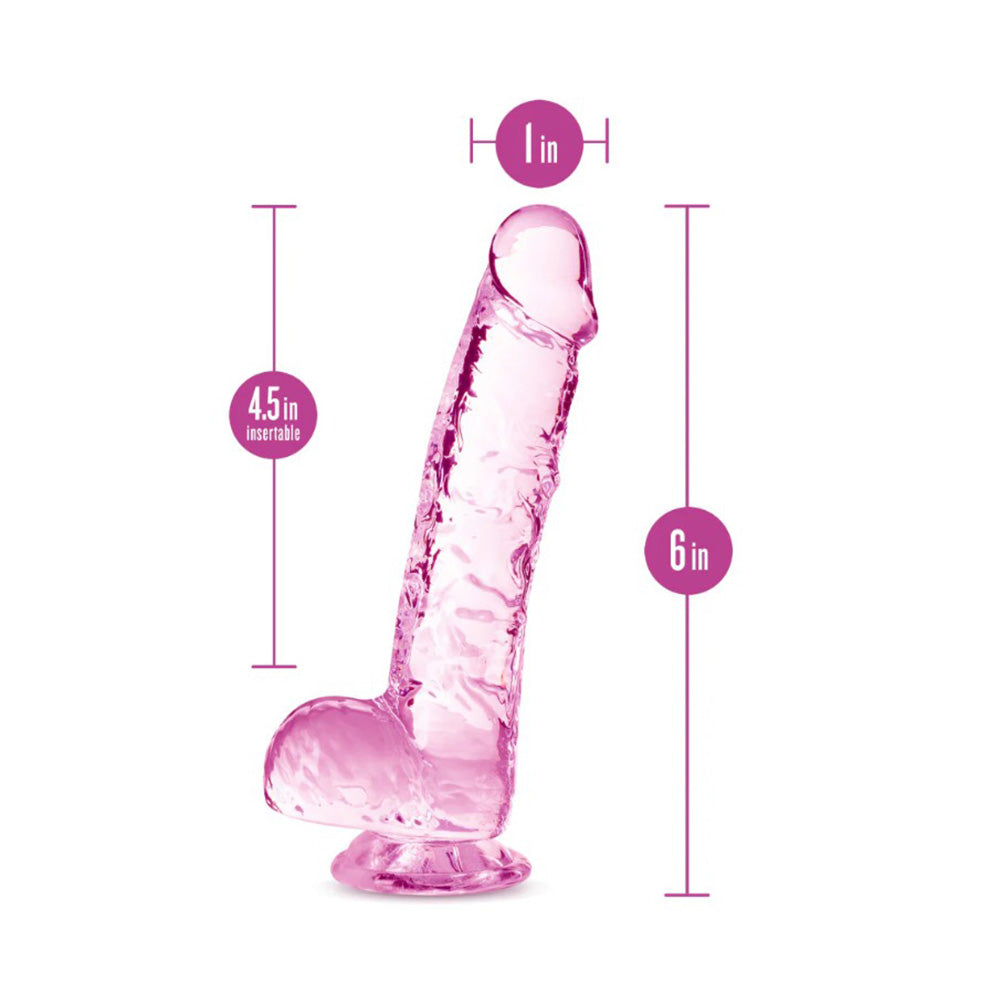 6-inch rose blush TPE dildo with suction cup base and measurement labels.