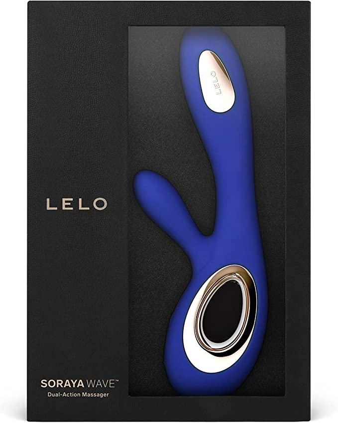 A blue Lelo Soraya Wave dual-action massager in its packaging.