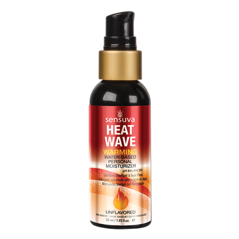 Sensuva Heat Wave warming water-based personal moisturizer in a black bottle with a gold pump.