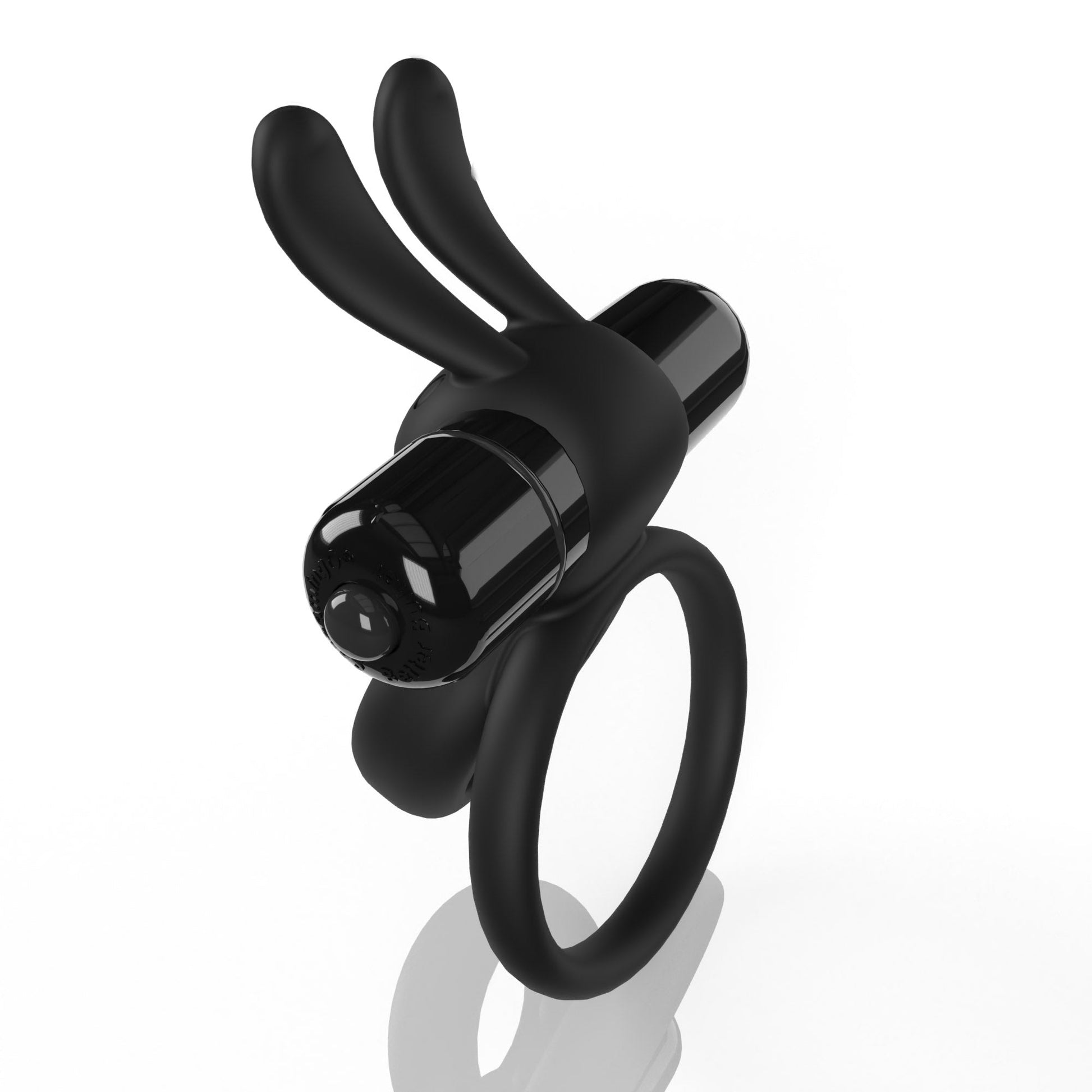 Black vibrating cock ring with rabbit ears.