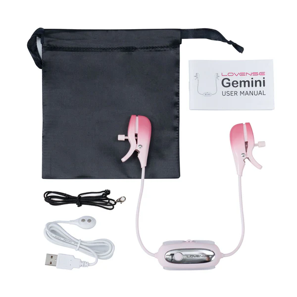 Pink vibrating nipple clamps with a control unit, USB cable, and storage pouch.