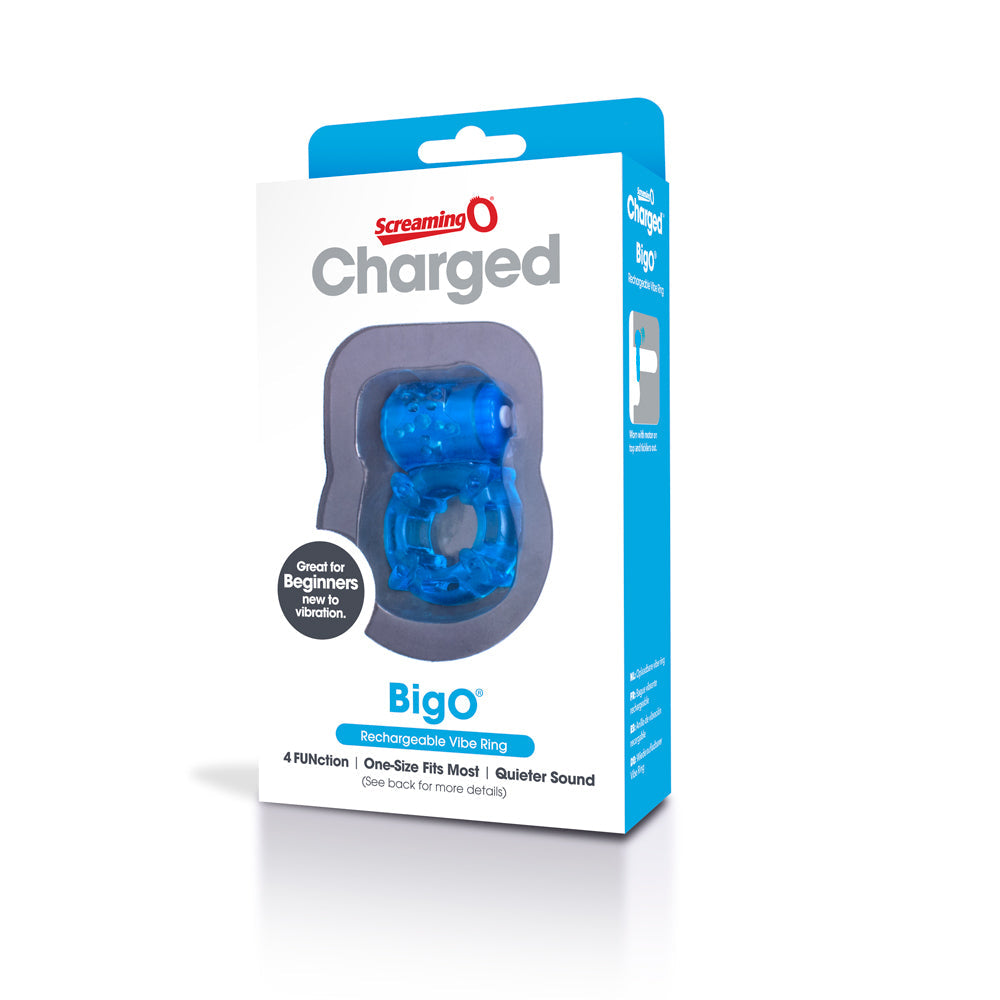 Blue rechargeable vibrating cock ring in packaging.