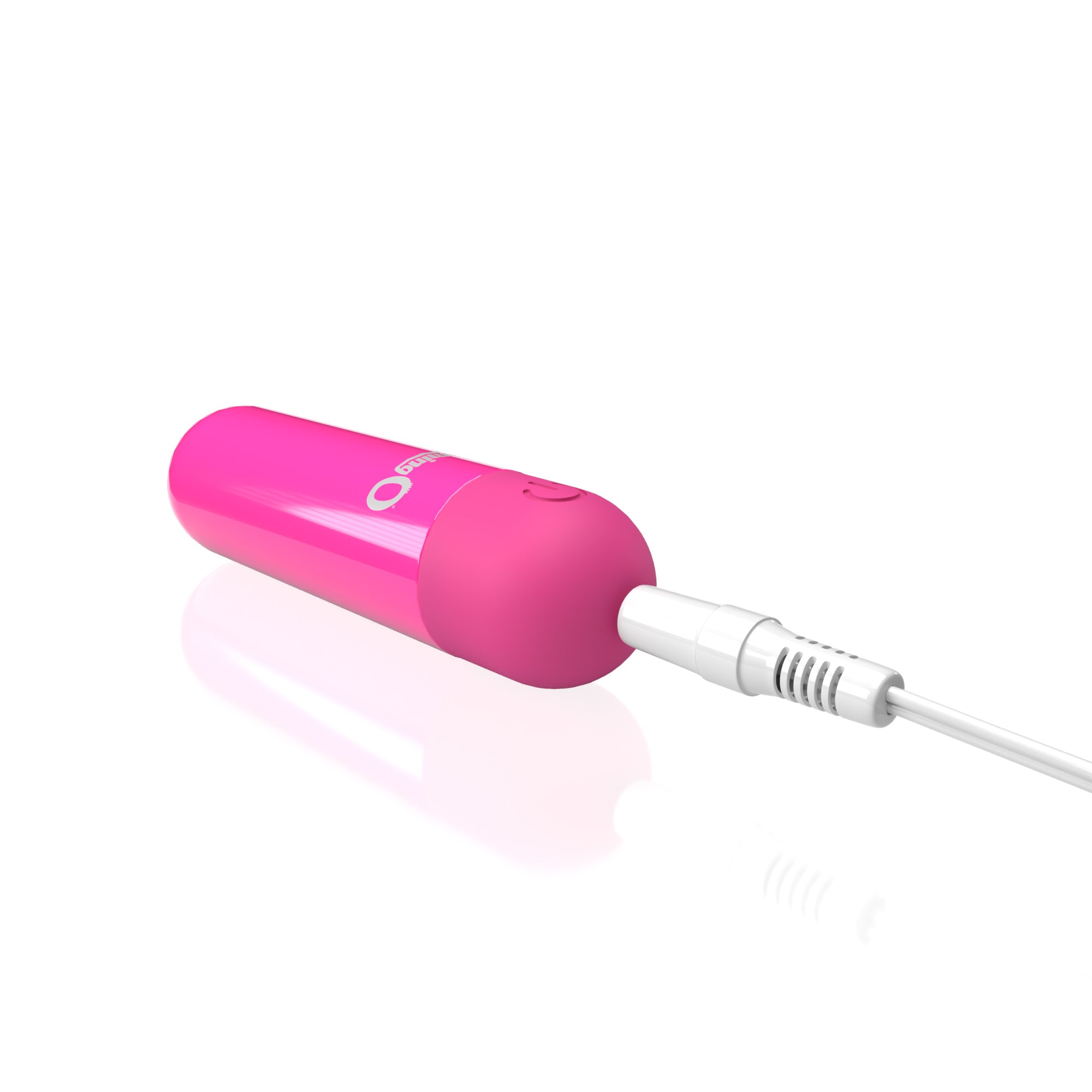 Pink rechargeable bullet vibrator with a white charging cable.