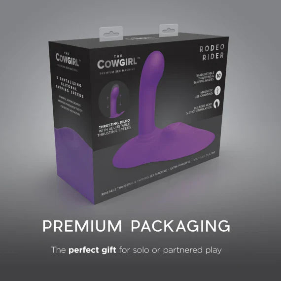 A purple wearable vibrator in its box, labeled "The Cowgirl Rodeo Rider".