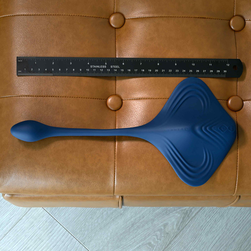 A blue silicone stingray toy with a long handle and textured surface.