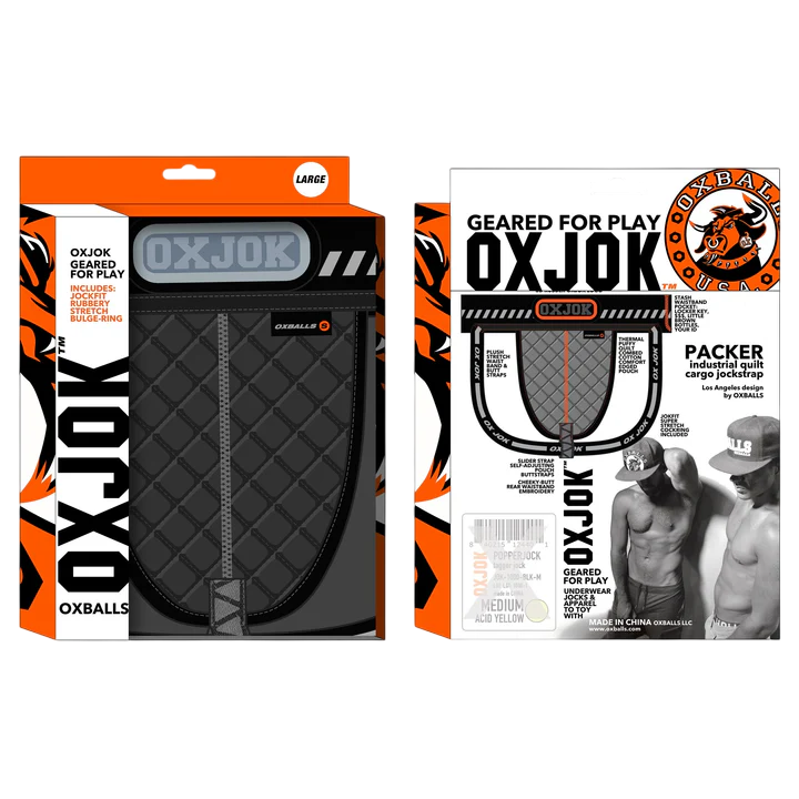 Black quilted cargo strapjock with stash pocket and cockring.