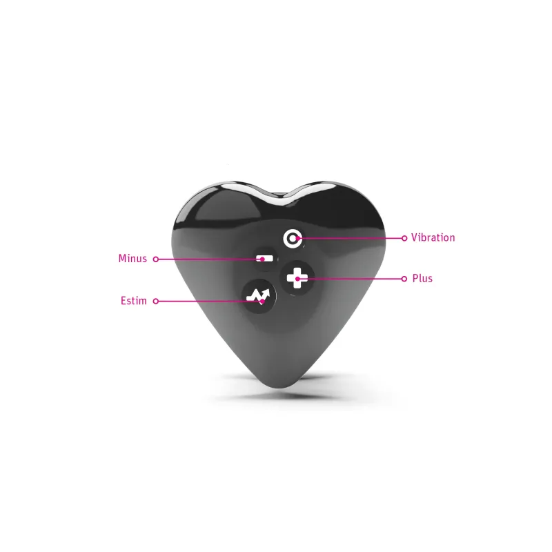 A black heart-shaped device with buttons labeled Vibration, Plus, Minus, and Estim.