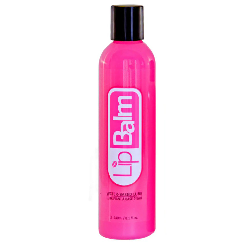 Pink bottle of Lip Balm water-based lubricant.