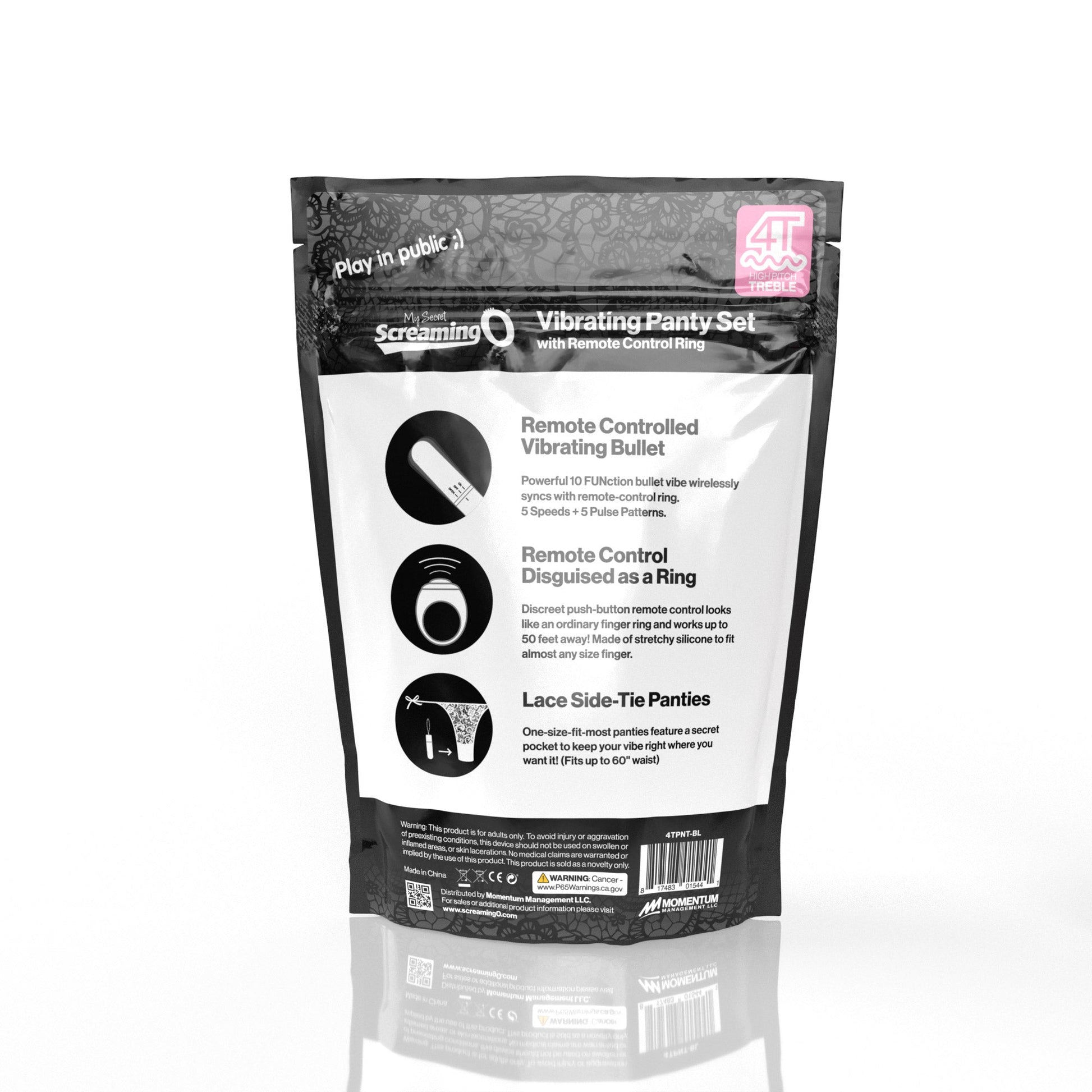 A black package for a remote-controlled vibrating panty set with lace panties.