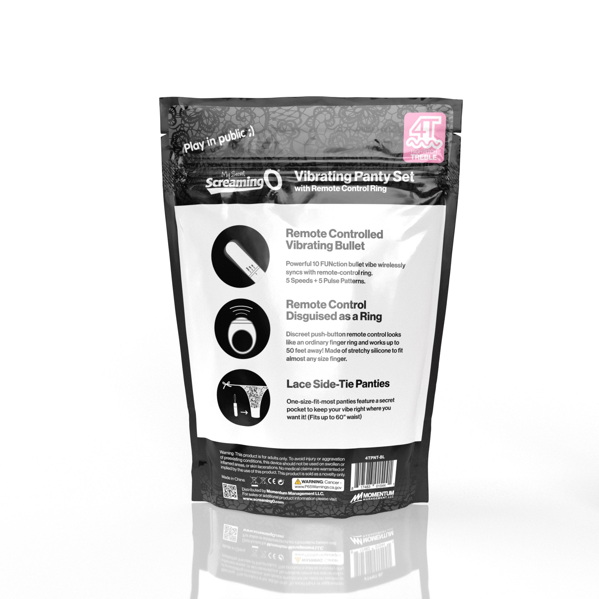 A black package for a remote-controlled vibrating panty set with lace panties.