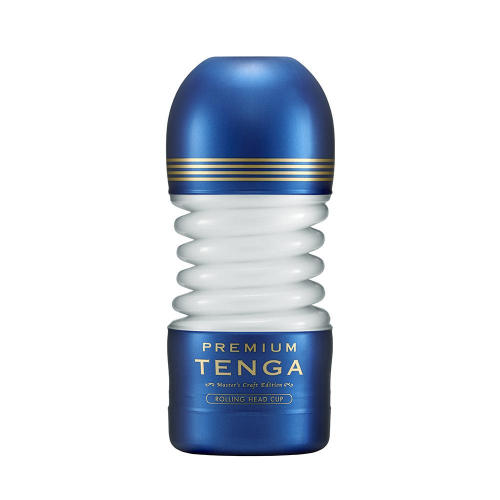 Tenga Premium Rolling Head Cup male masturbator with blue and gold accents.