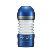Tenga Premium Rolling Head Cup male masturbator with blue and gold accents.