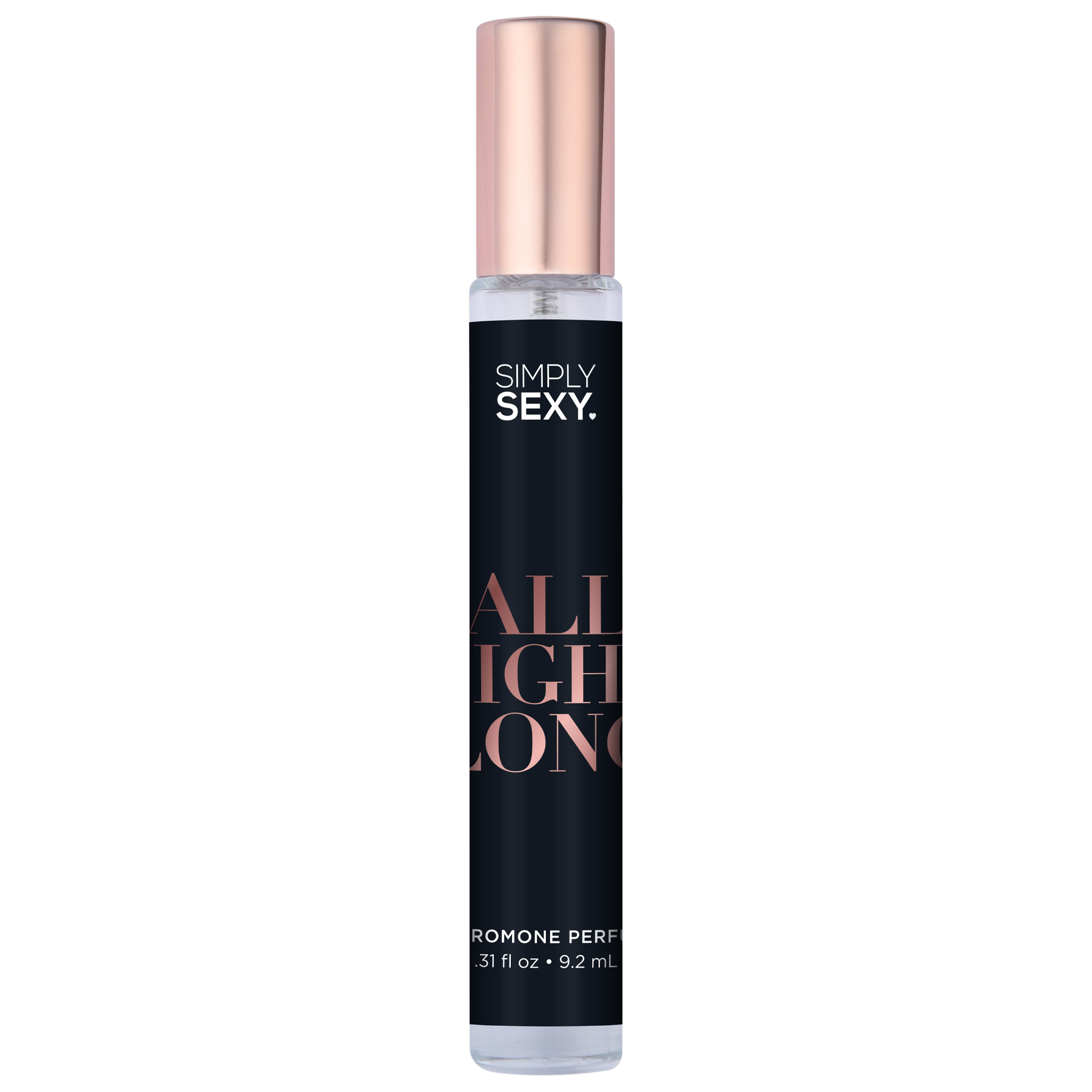 Simply Sexy All Night Long pheromone perfume spray in a dark bottle with rose gold accents.