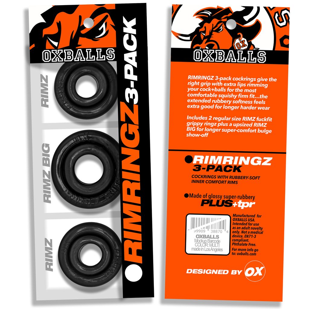 Black multi-size cock rings in packaging with brand logo and product details.