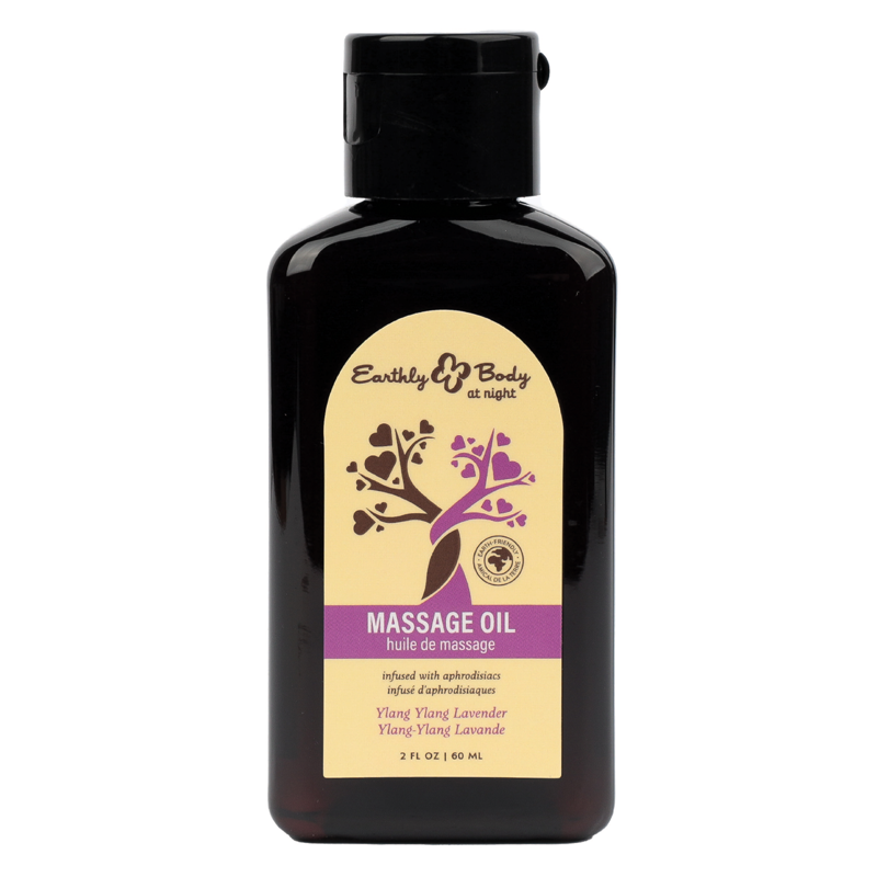 Earthly Body Ylang Ylang Lavender massage oil in a dark bottle.
