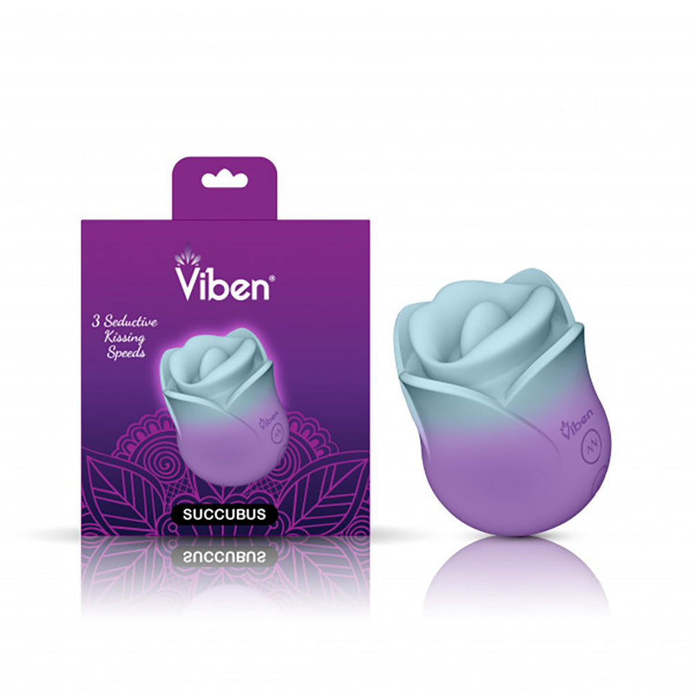 A rose-shaped clitoral stimulator in pastel blue and purple with the Viben logo.