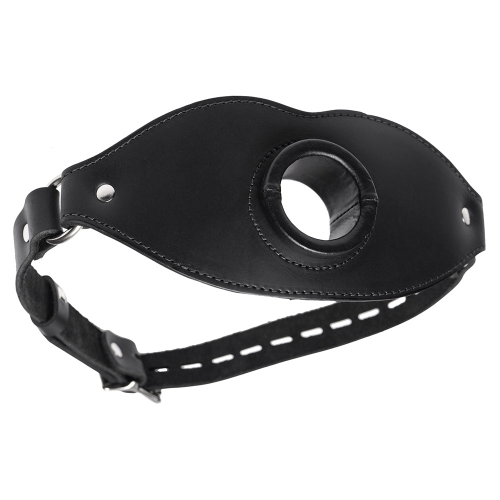 Black leather muzzle-style gag with an open mouth design and adjustable strap.