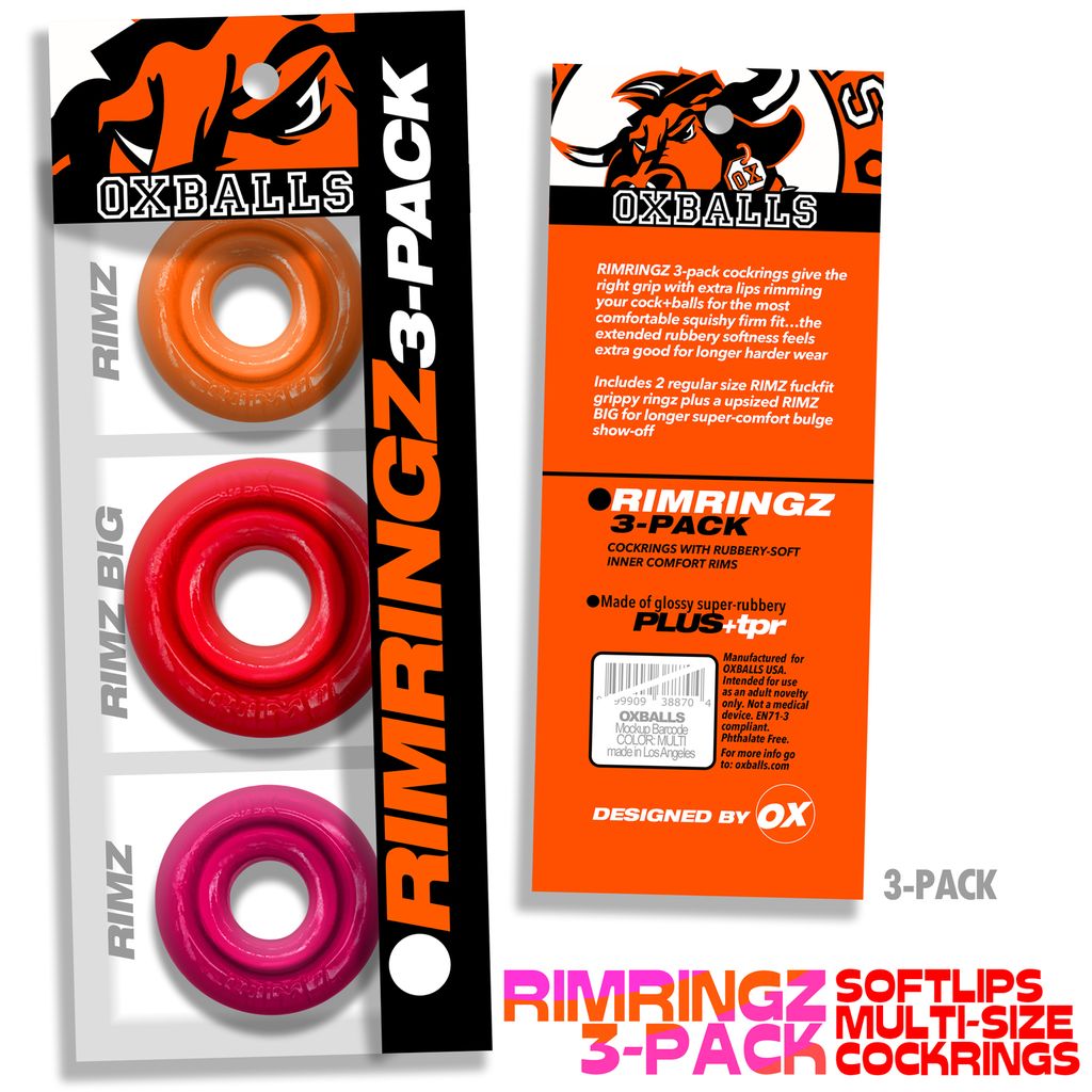 Three multi-size cock rings in orange, red, and pink.
