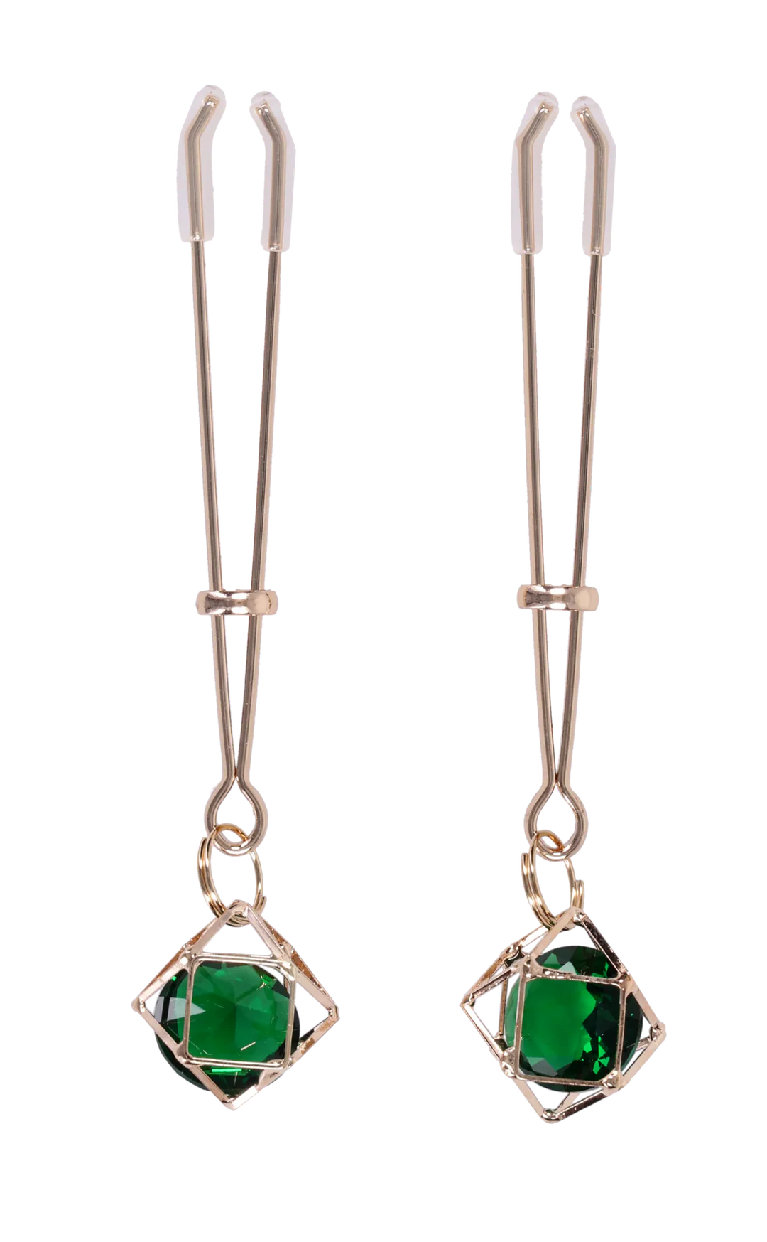 Gold nipple clips with adjustable tension and green crystal pendants.