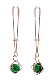 Gold nipple clips with adjustable tension and green crystal pendants.