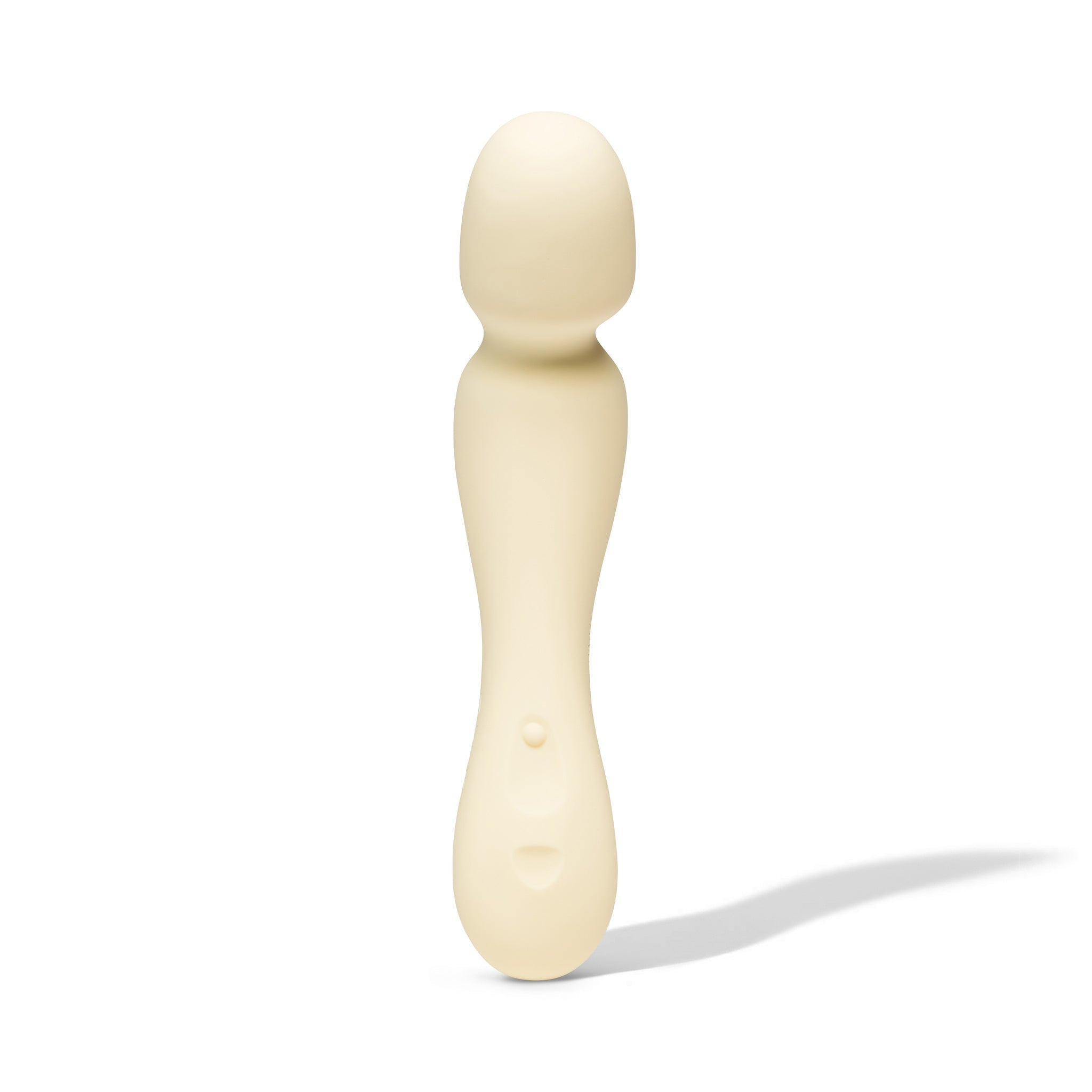 Mini wand vibrator made of cream-colored silicone with two buttons.