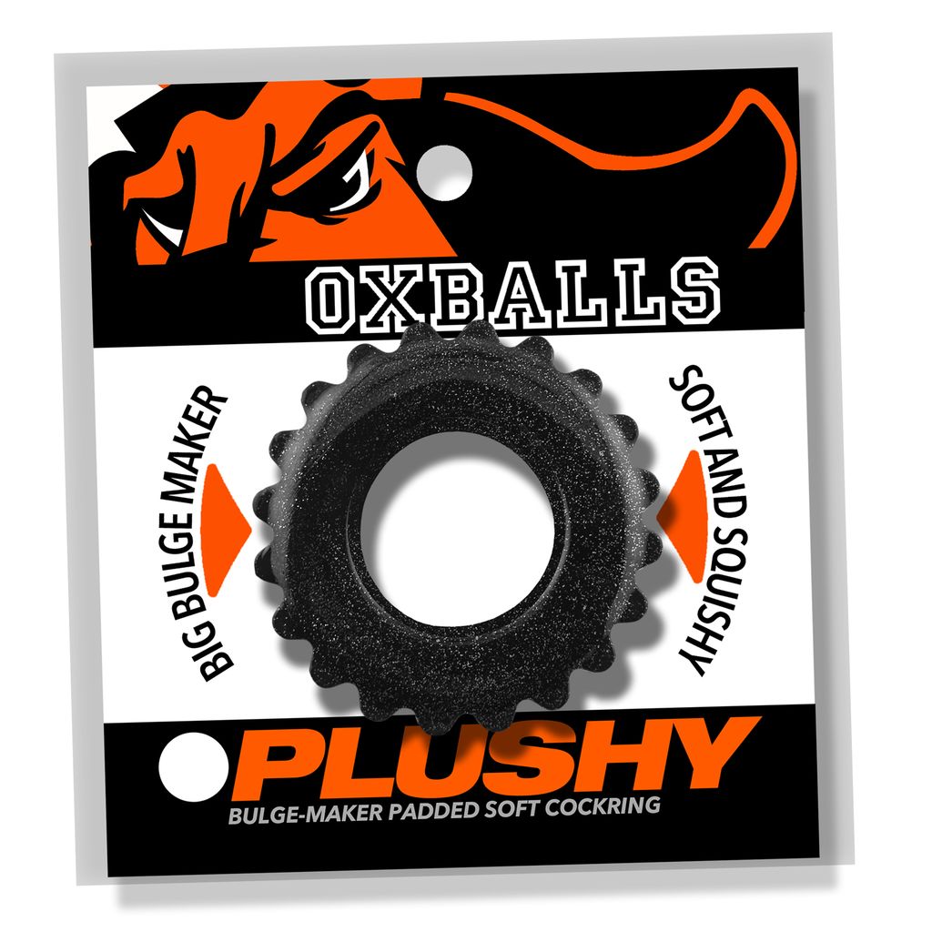 Black OXBALLS Plushy Soft Flex TPR cock ring with textured edges.