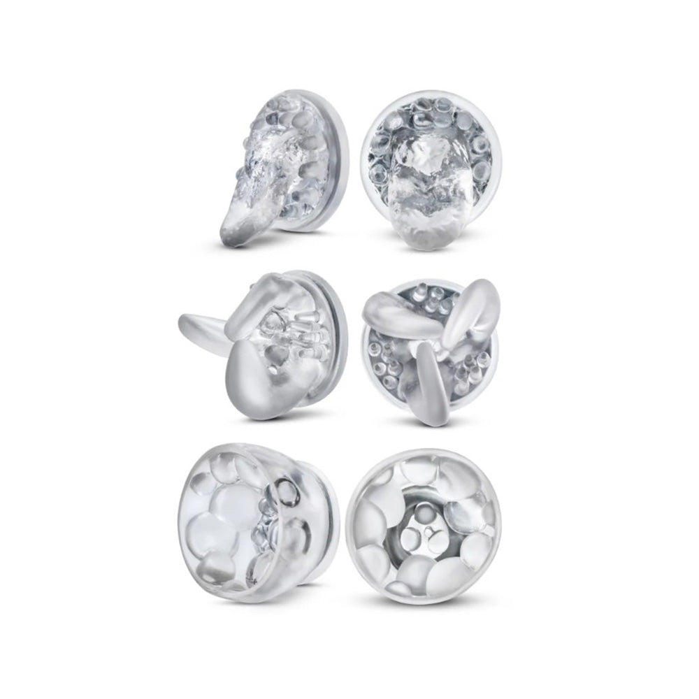 Six clear nipple massagers with textured surfaces and rotating elements.