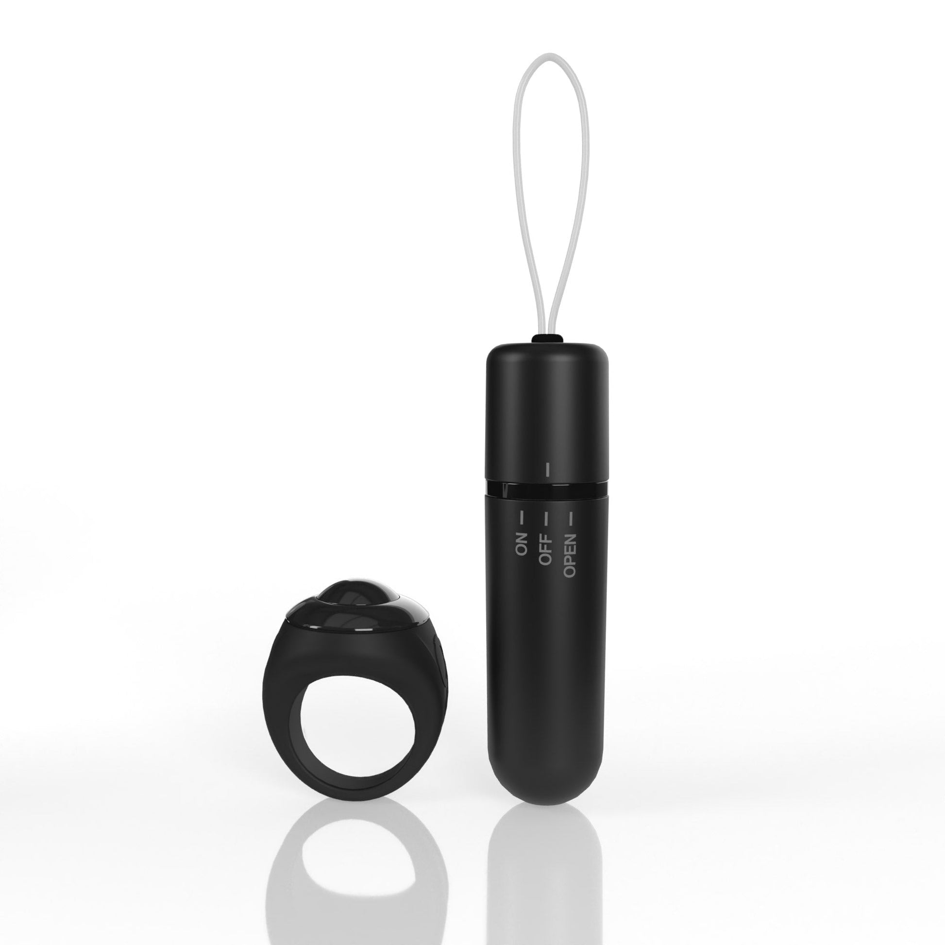 Black remote control panty vibrator with a ring remote.