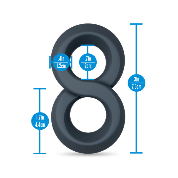 Figure-8 silicone cock ring with dimensions indicated.