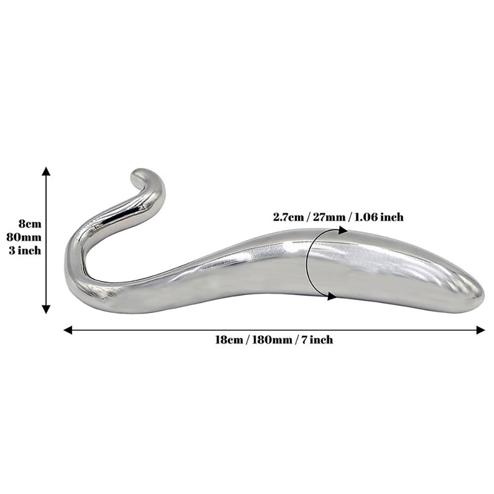 Curved stainless steel hollow wand massager, 7 inches long.