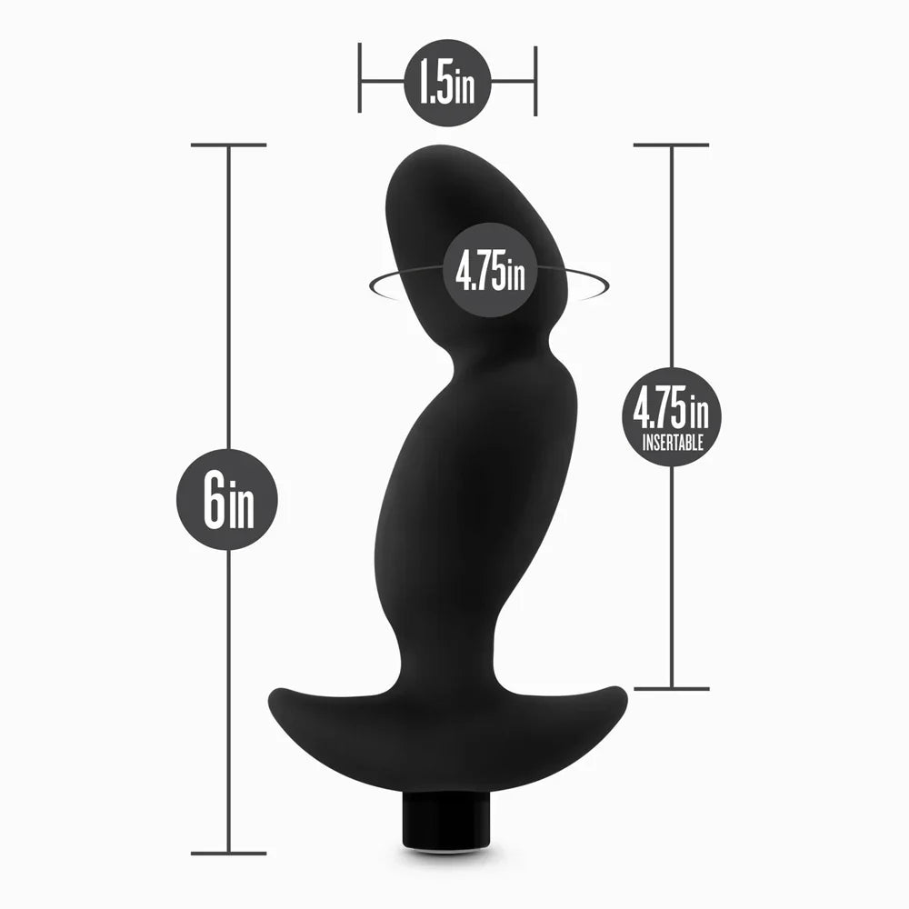 Black silicone prostate massager with dimensions 6 inches long, 1.5 inch width, and 4.75 inch insertable length.
