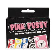 Pink Pussy Strategy Card Game box with colorful cards featuring abstract designs.