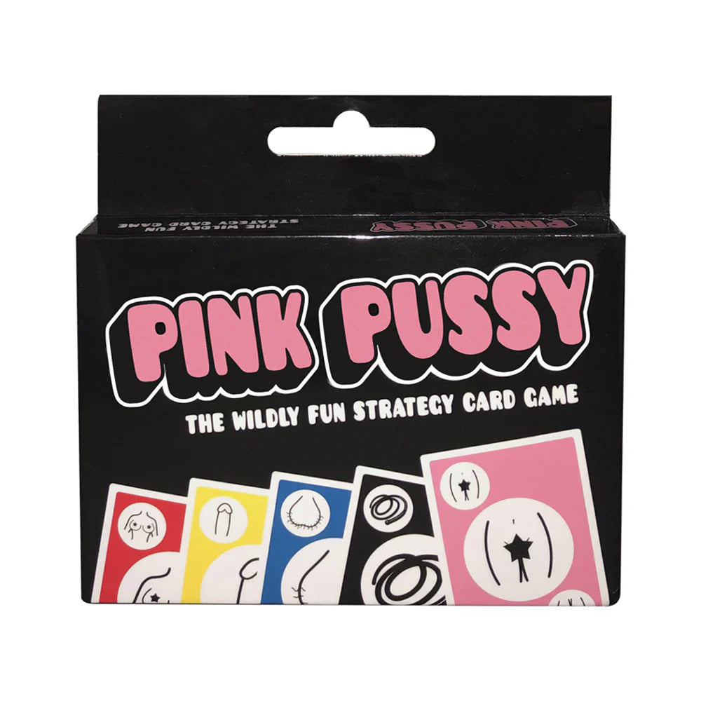 Pink Pussy Strategy Card Game box with colorful cards featuring abstract designs.