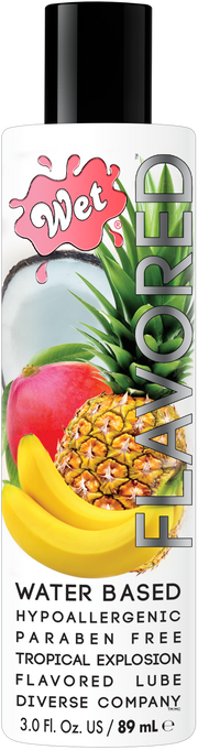 Wet Tropical Explosion flavored lubricant with fruit imagery.