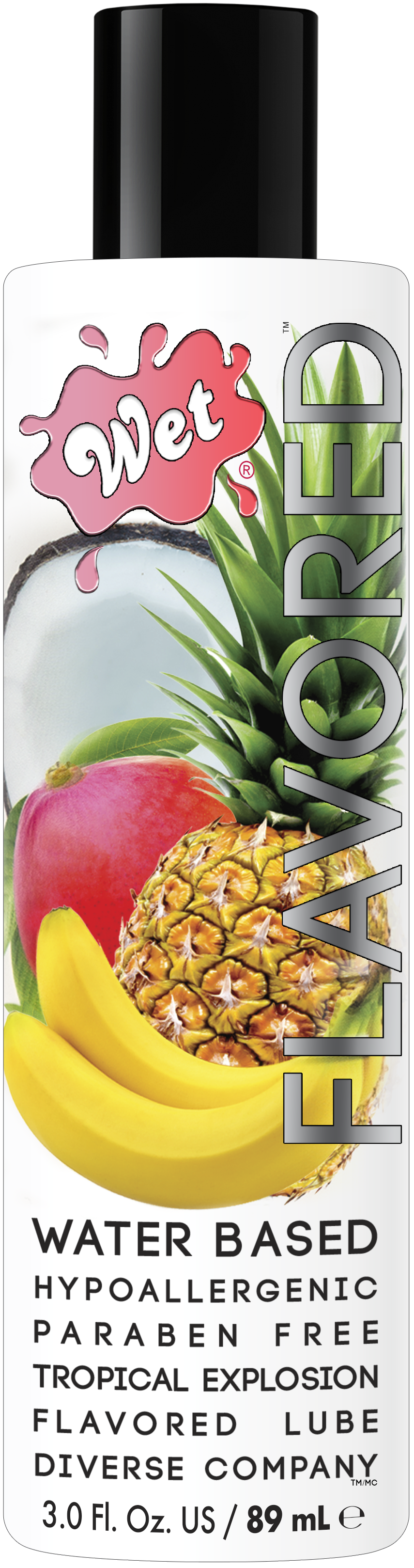 Wet Tropical Explosion flavored lubricant with fruit imagery.