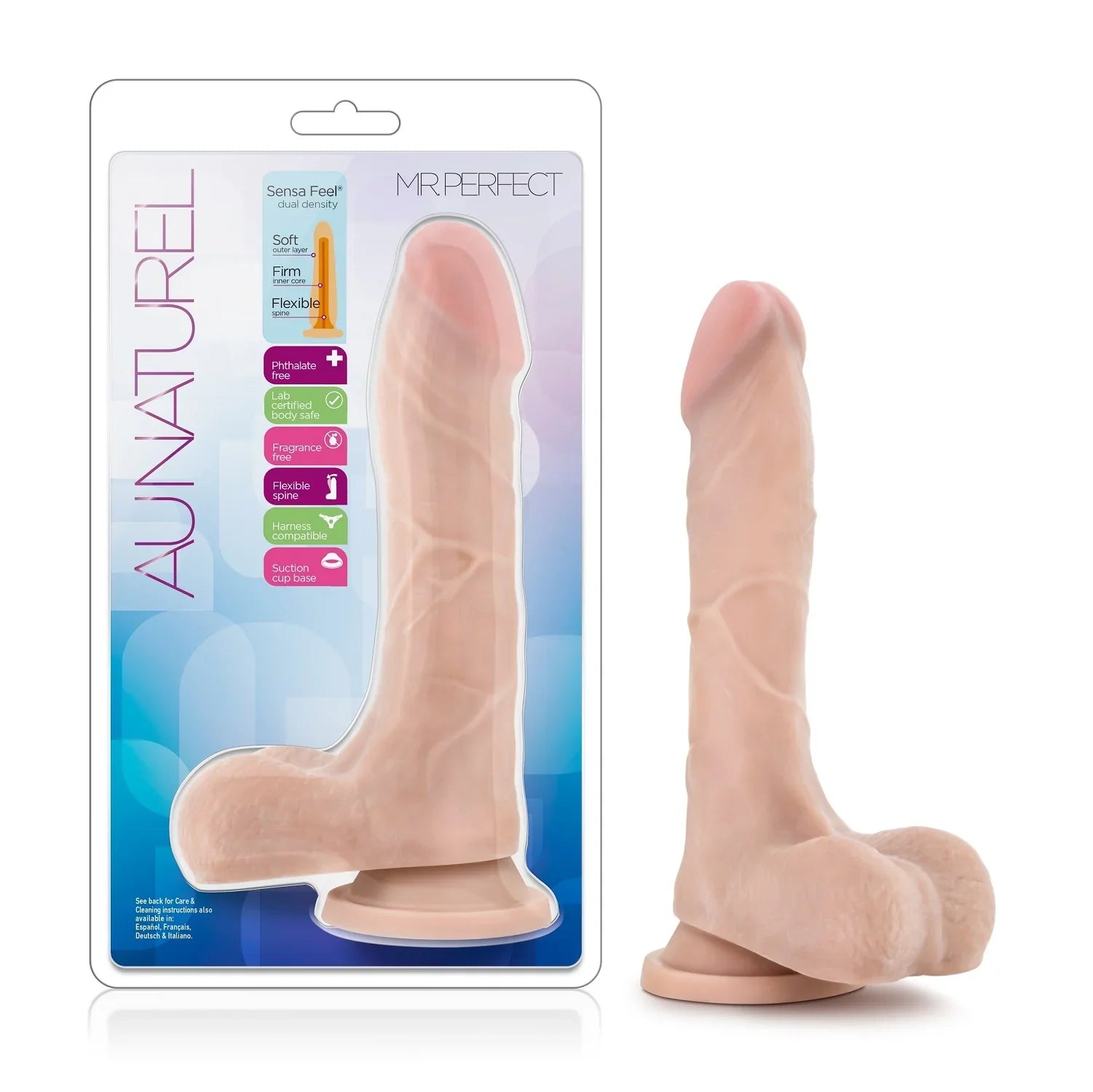 Beige dual density suction cup dildo with flexible spine, 7.5 inches insertable.
