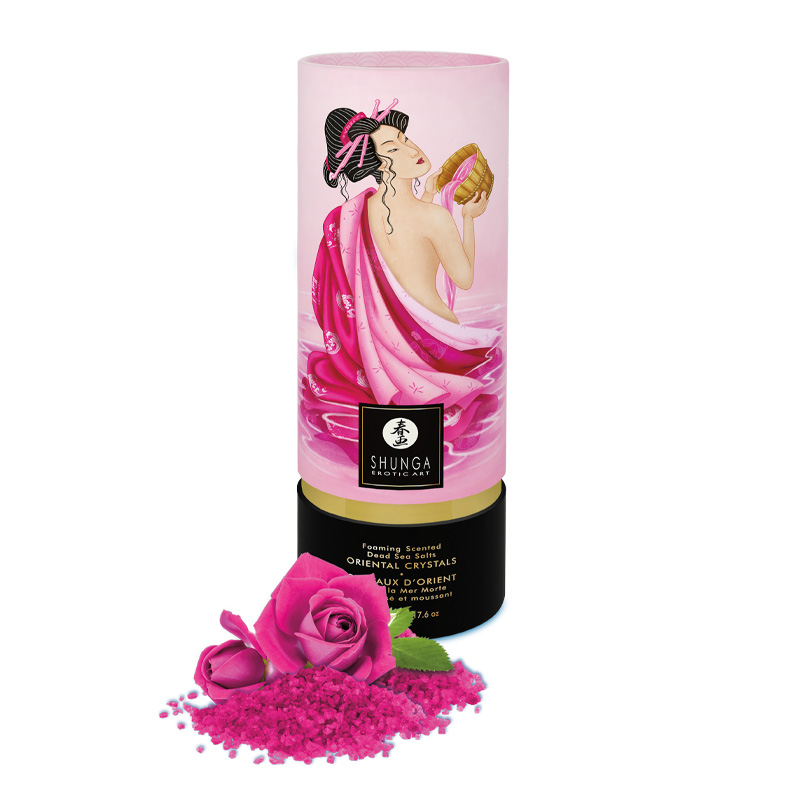 Shunga Aphrodisia Foaming Crystals Dead Sea Bath Salts with rose and crystals.