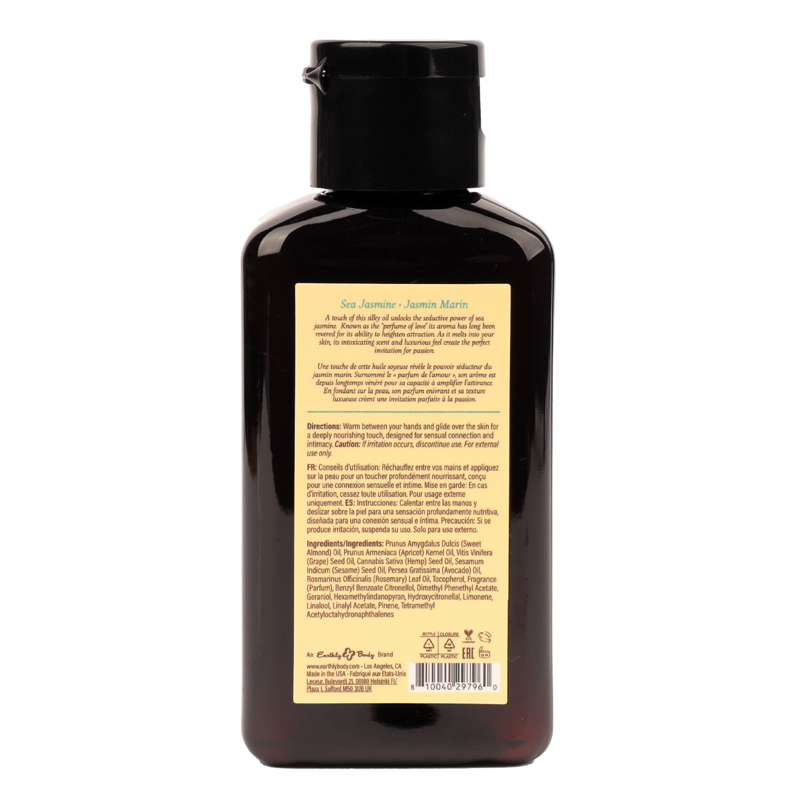 Sea Jasmine massage oil in a dark bottle with product information.