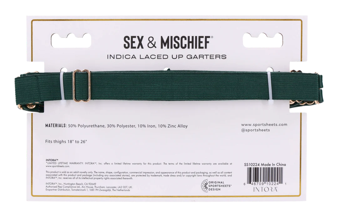 Emerald green elastic garters with gold hardware and white stitching.